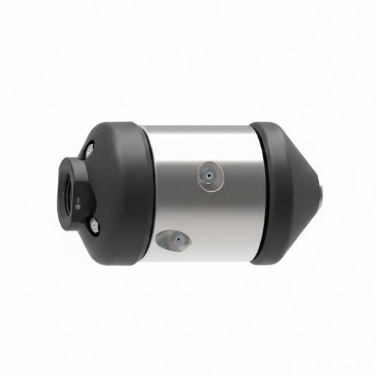 A cylindrical mechanical component with a brushed silver metal body, black end caps, and three visible screw fasteners, isolated on a white background.