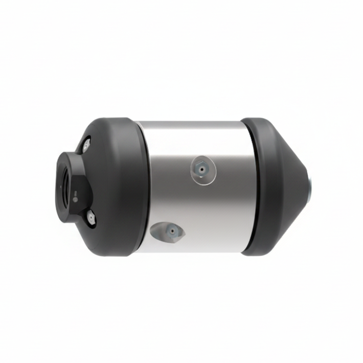 A cylindrical mechanical component with a brushed silver metal body, black end caps, and three visible screw fasteners, isolated on a white background.