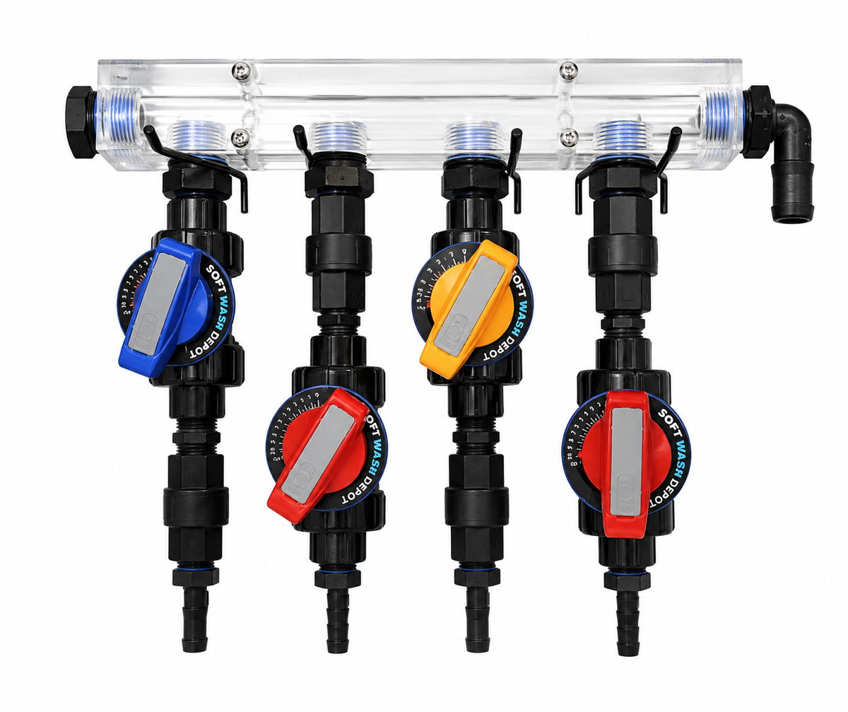 Clear Acrylic 3 & 4-Port Soft Wash Mixing Proportioner with Precision Flow Valves