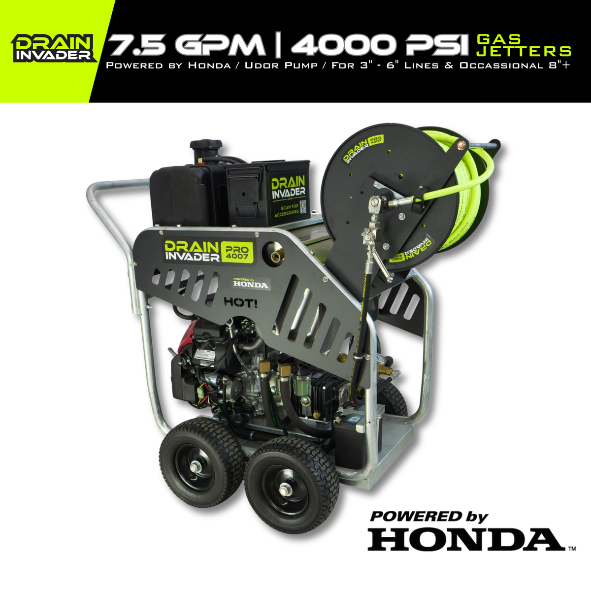 Drain Invader PRO 4007 Portable Gas Hydro Jetter, 7.5 GPM | 4000 PSI