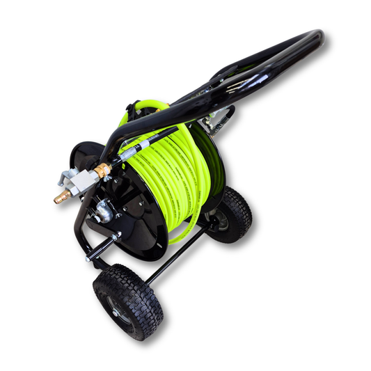 Top Back View of Drain Invader Heavy Duty Deluxe Folly-Mounted Hose Reel with Neon Green Jetting Hose