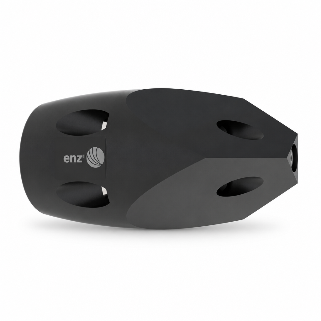 A matte black cylindrical component with multiple oval cutouts and a visible 'enz' logo on the side, shown on a plain white background.