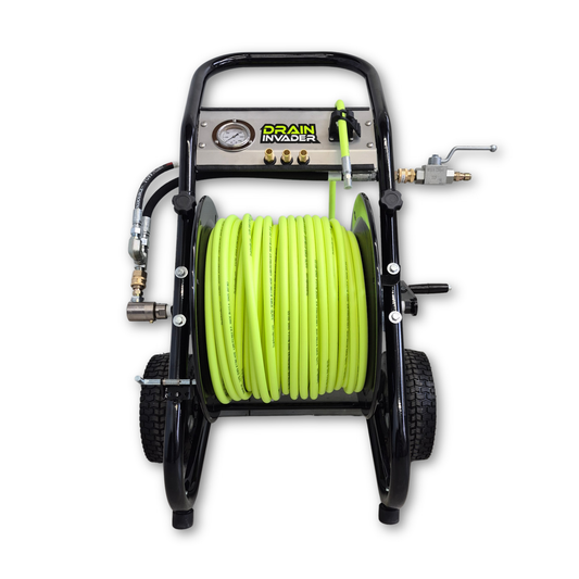 Front View of Drain Invader Heavy Duty Deluxe Folly-Mounted Hose Reel with Neon Green Jetting Hose