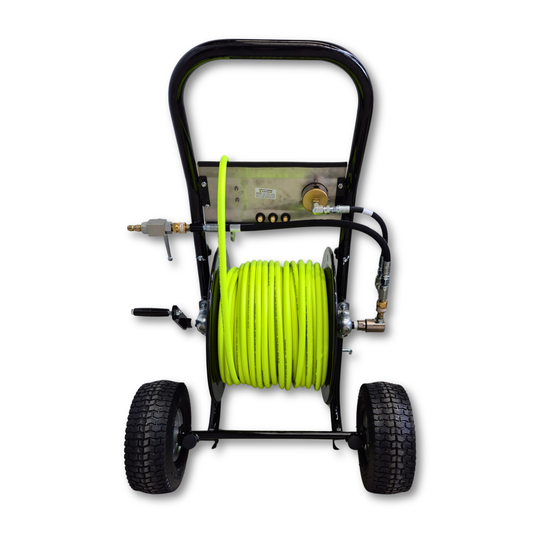 Back View of Drain Invader Heavy Duty Deluxe Folly-Mounted Hose Reel with Neon Green Jetting Hose