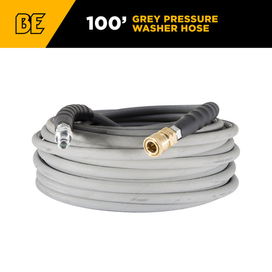 Pressure Washer 100 ft x 3/8 - inch 4500 PSI Grey Non Marking Hose with Quick Connect