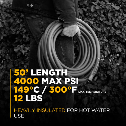 Pressure Washer 50 ft x 3/8 - inch 4500 PSI Grey Non-Marking Hose with Quick Connect