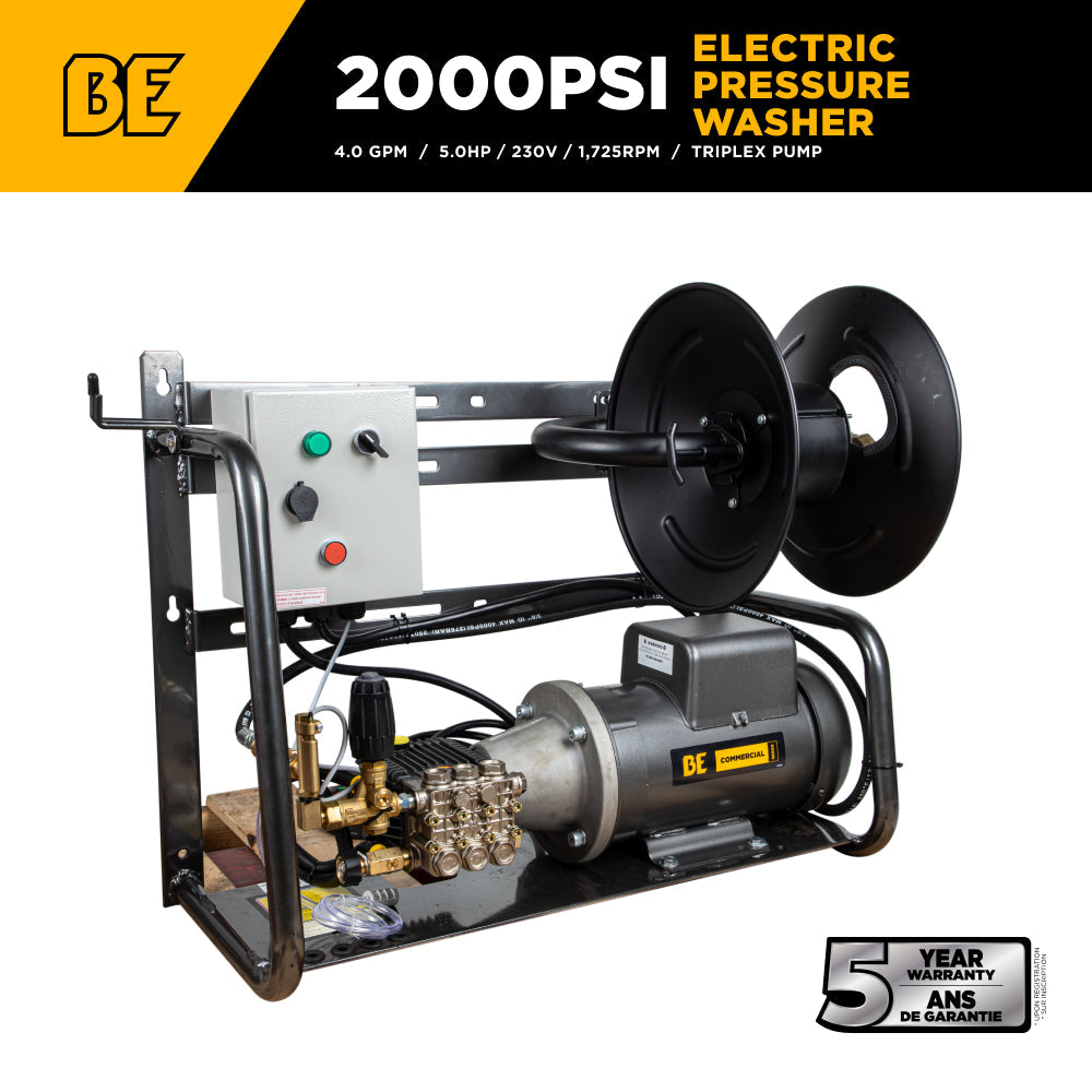BE Commercial Series Wall Mount Electric Cold Water Pressure Washer, Direct Drive, 5.0 GPM | 2000 PSI (X-2050FW1GENHT)