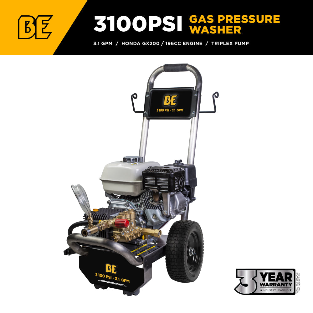 BE Portable Gas Cold Water Pressure Washer, Direct Drive, 3.1 GPM | 3100 PSI (B3165HSGS)