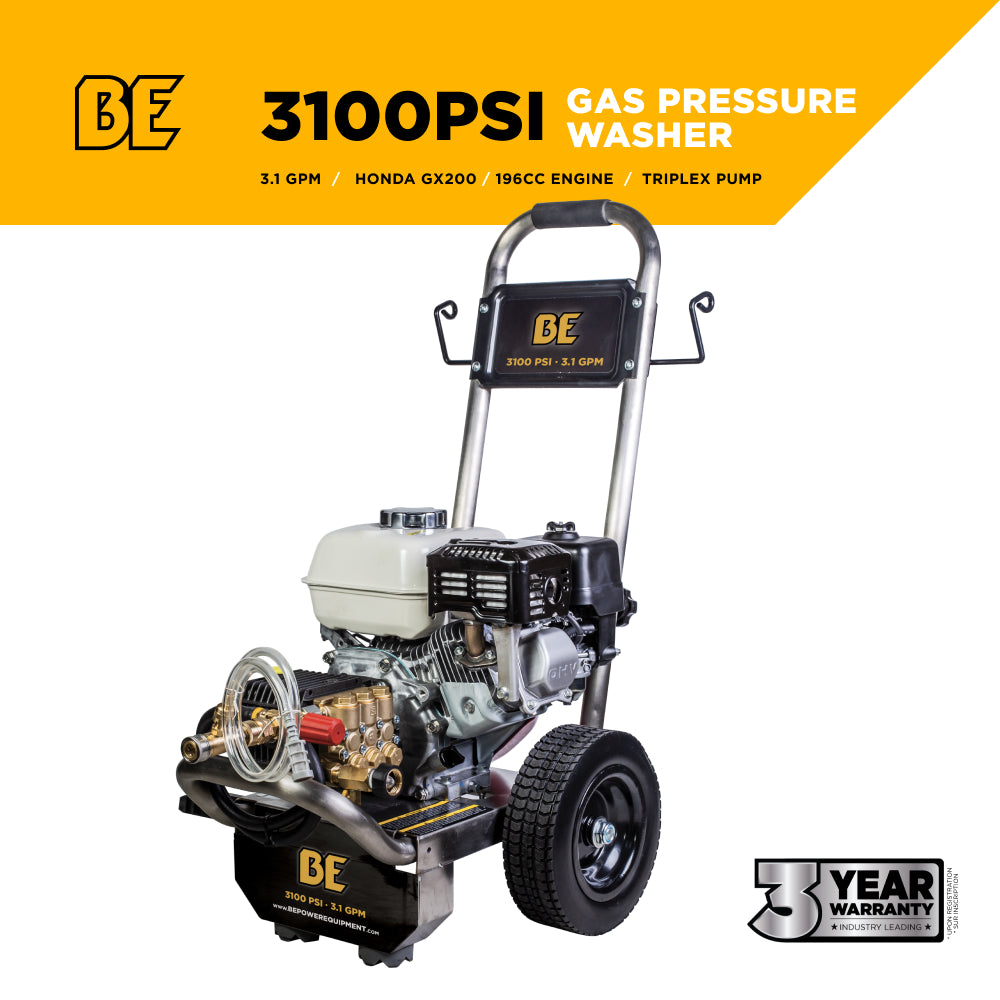 3100 PSI 3.1 GPM Cold Water Gas Pressure Washer Honda GX200 Engine and General Triplex Pump on Stainless Steel Frame
