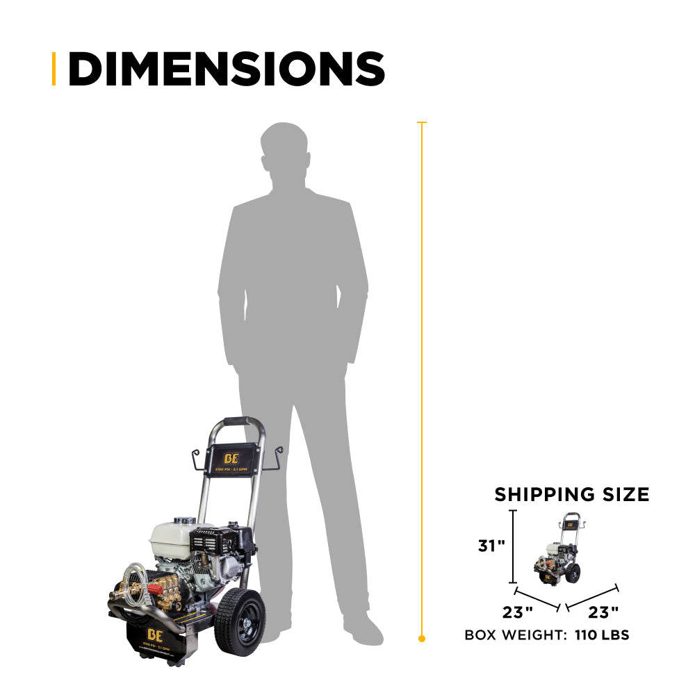 3100 PSI 3.1 GPM Cold Water Gas Pressure Washer Honda GX200 Engine and General Triplex Pump on Stainless Steel Frame