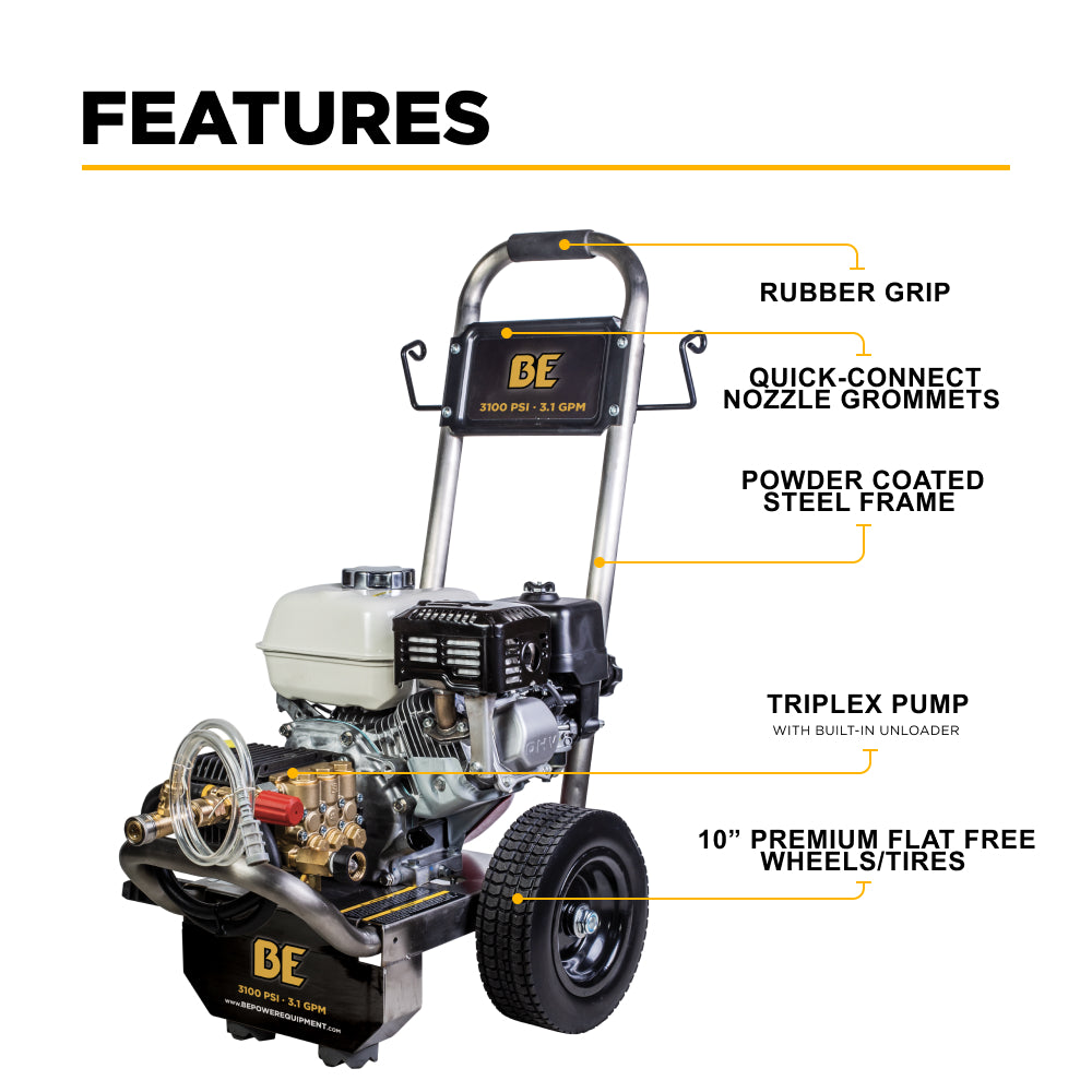 3100 PSI 3.1 GPM Cold Water Gas Pressure Washer Honda GX200 Engine and General Triplex Pump on Stainless Steel Frame