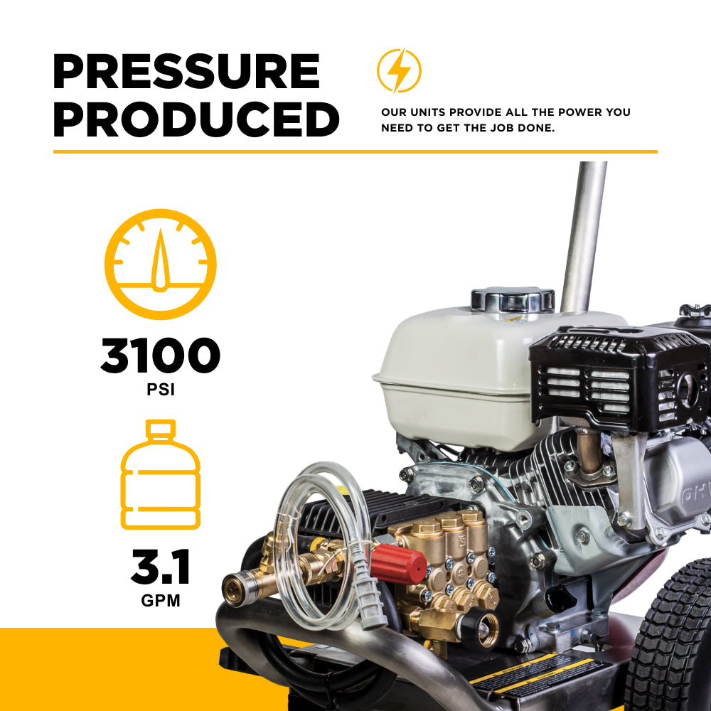 3100 PSI 3.1 GPM Cold Water Gas Pressure Washer Honda GX200 Engine and General Triplex Pump on Stainless Steel Frame