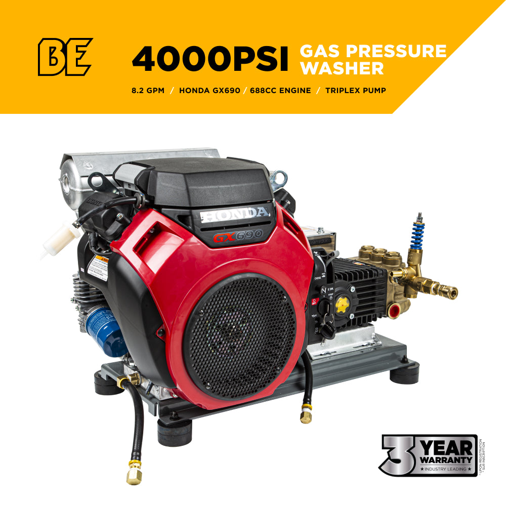 4000 PSI 8.2 GPM Cold Water Gas Pressure Washer Honda GX690 Electric Start, Belt Drive, General Triplex Pump, Mount Truck or 