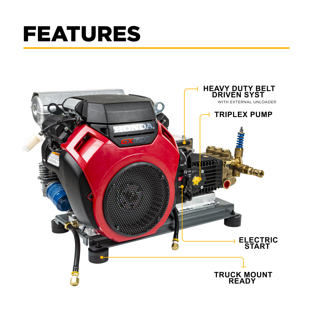 4000 PSI 8.2 GPM Cold Water Gas Pressure Washer Honda GX690 Electric Start, Belt Drive, General Triplex Pump, Mount Truck or 