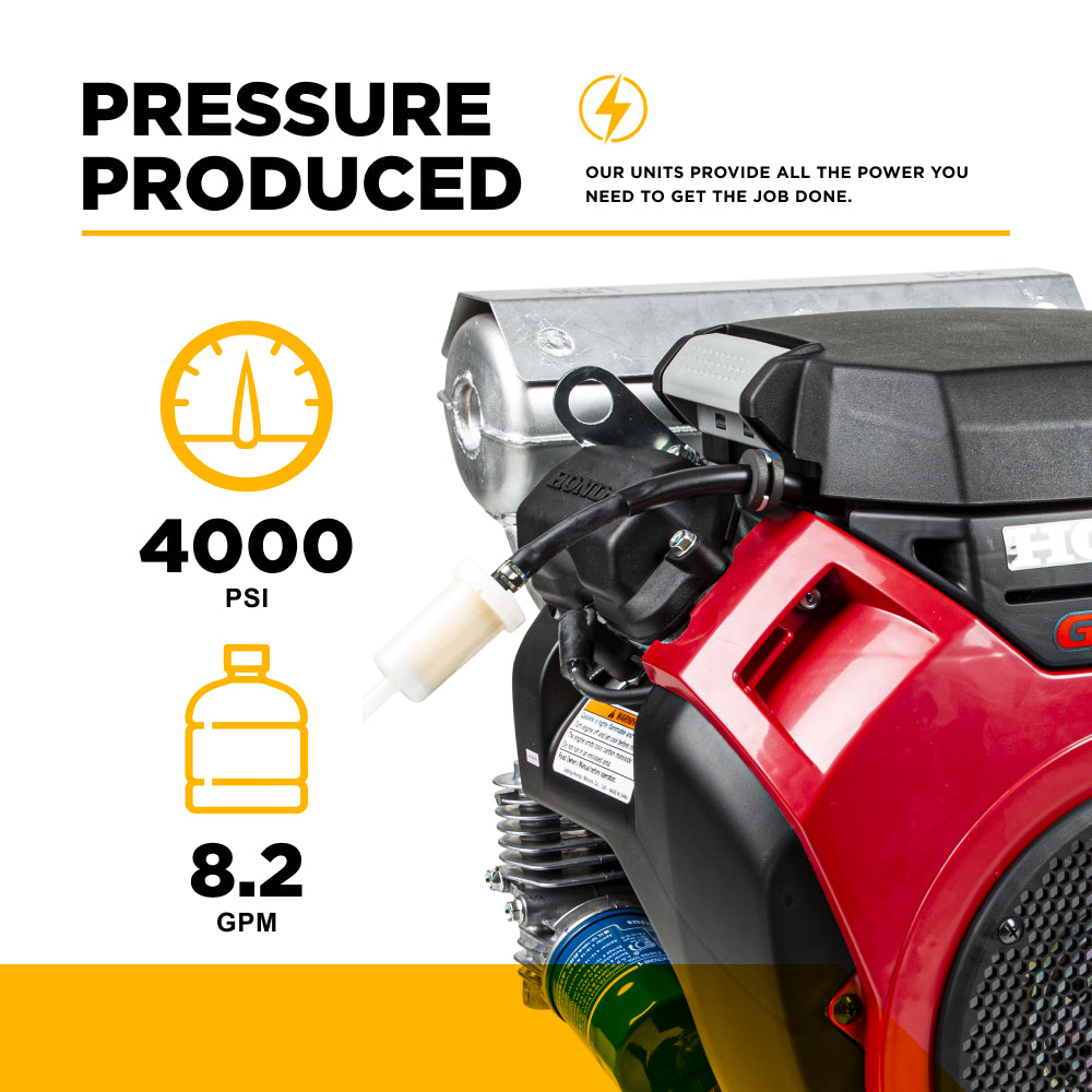 4000 PSI 8.2 GPM Cold Water Gas Pressure Washer Honda GX690 Electric Start, Belt Drive, General Triplex Pump, Mount Truck or 