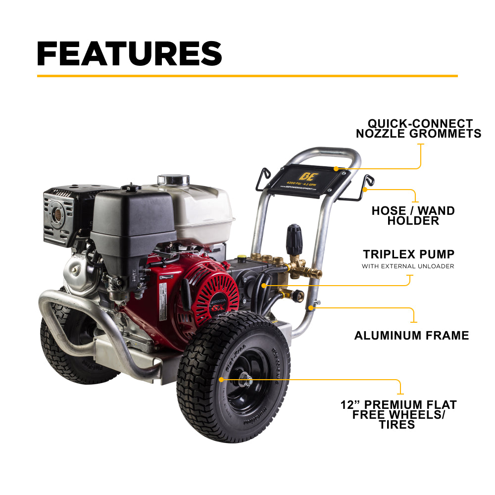 4200PSI 4.2GPM Cold Water Gas Pressure Washer Honda GX390 and GP Triplex Pump on Aluminum Frame