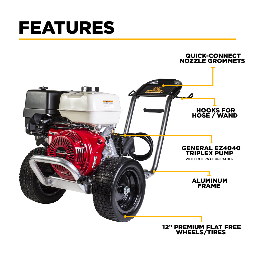 4200 PSI 4.2 GPM Cold Water Gas Pressure Washer Honda GX390 Engine and General Triplex Pump on Aluminum Frame