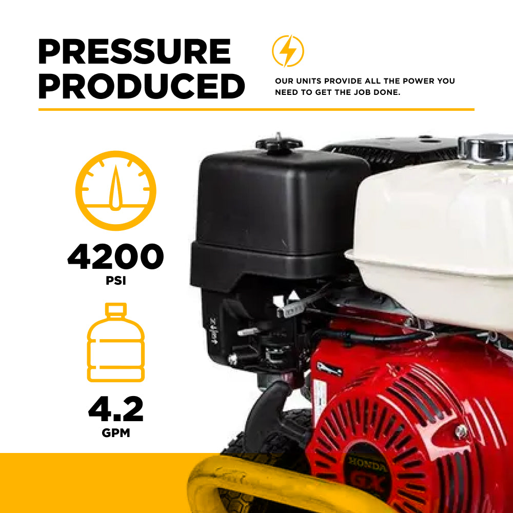 4200 PSI 4.2 GPM Cold Water Gas Pressure Washer Honda GX390 Engine and General Triplex Pump on Aluminum Frame