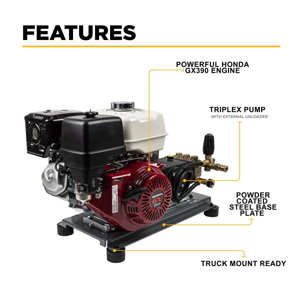 4200PSI 4.2GPM Cold Water Gas Pressure Washer Honda GX390, Belt Drive, General Triplex Pump, Mount Truck or Trailer