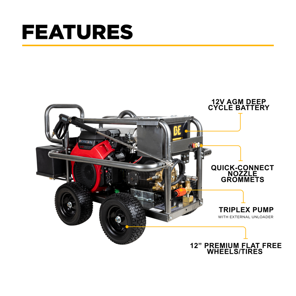 BE Industrial Series Roll Cage Gas Cold Water Pressure Washer, Belt Drive, Electric Start, 5.0 GPM | 5000 PSI (PE-5024HWEBCOM)