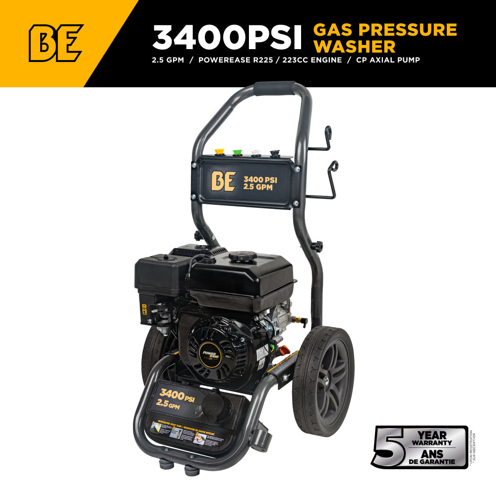 BE Workshop Series Portable Gas Cold Water Pressure Washer, Direct Drive, 2.5 GPM | 3400 PSI (BE3475PX)