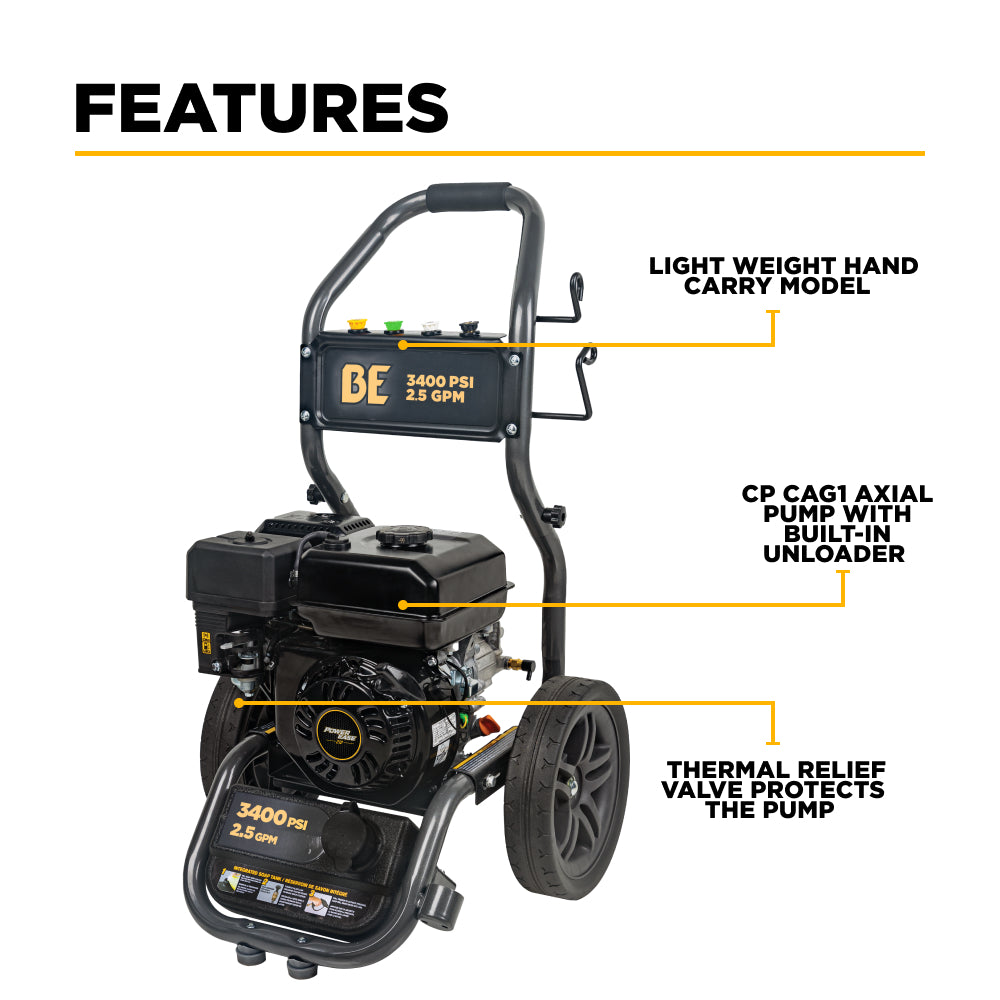 BE Workshop Series Portable Gas Cold Water Pressure Washer, Direct Drive, 2.5 GPM | 3400 PSI (BE3475PX)