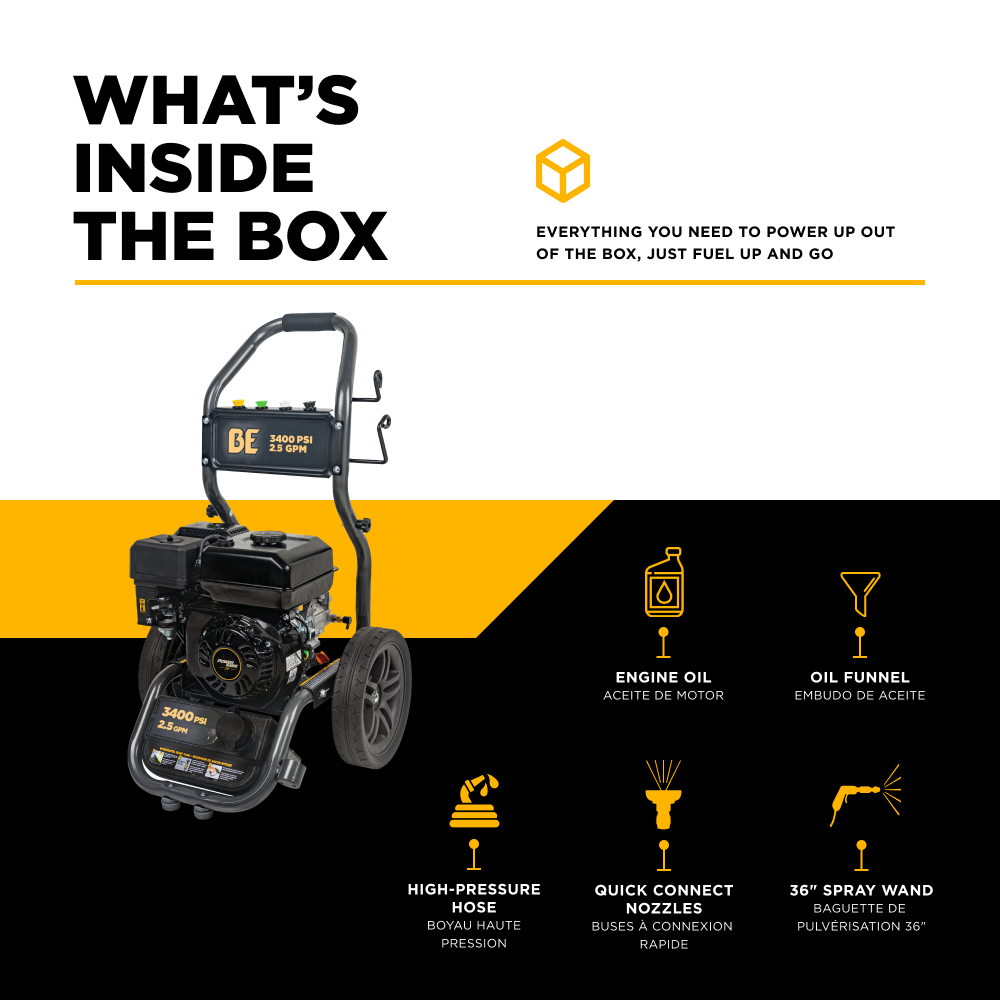 BE Workshop Series Portable Gas Cold Water Pressure Washer, Direct Drive, 2.5 GPM | 3400 PSI (BE3475PX)