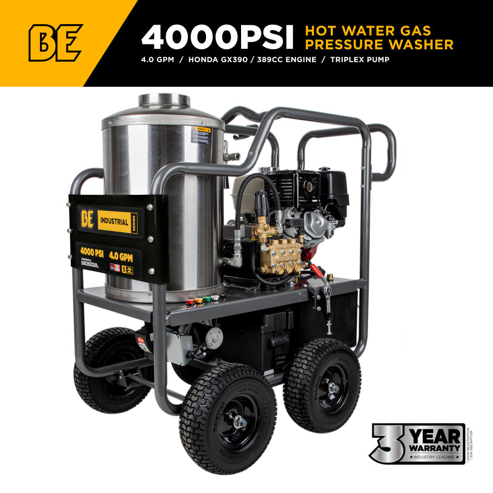 BE Industrial Series Portable Gas Hot Water Pressure Washer, Belt Drive, 4.0 GPM | 4000 PSI,  HW4013HBG