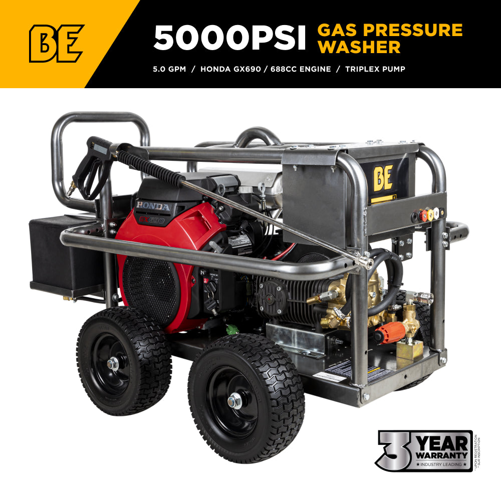 BE Industrial Series Roll Cage Gas Cold Water Pressure Washer, Belt Drive, Electric Start, 5.0 GPM | 5000 PSI (PE-5024HWEBCOM)