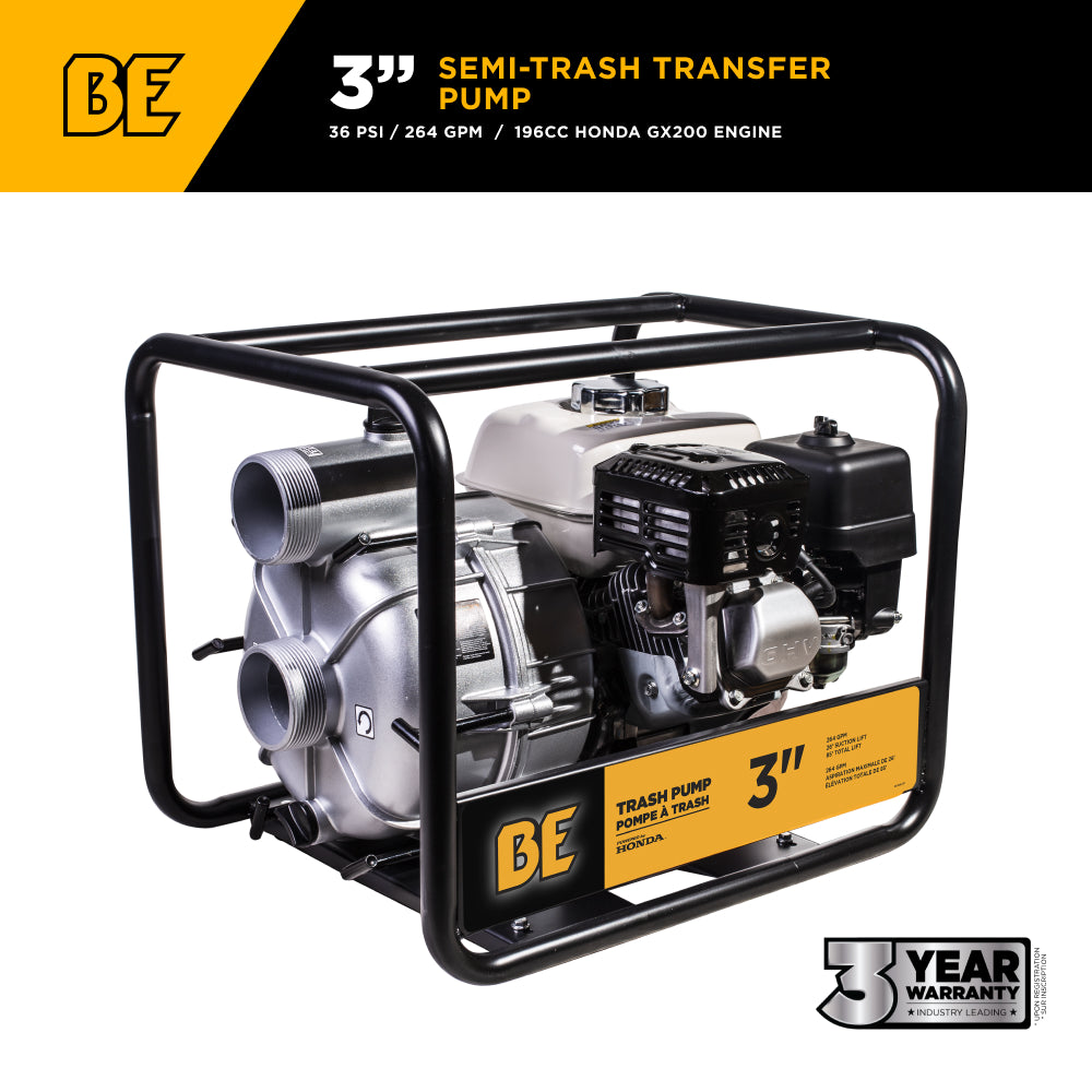 3" Semi Trash Pump 264 GPM 36 PSI with Honda GX200 Engine