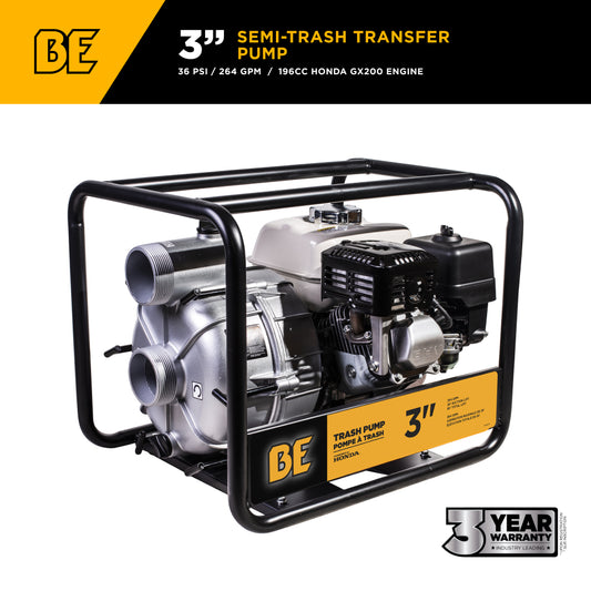3" Semi Trash Pump 264 GPM 36 PSI with Honda GX200 Engine