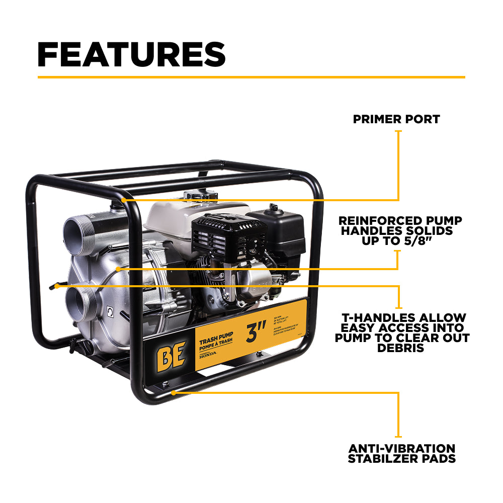 3" Semi Trash Pump 264 GPM 36 PSI with Honda GX200 Engine
