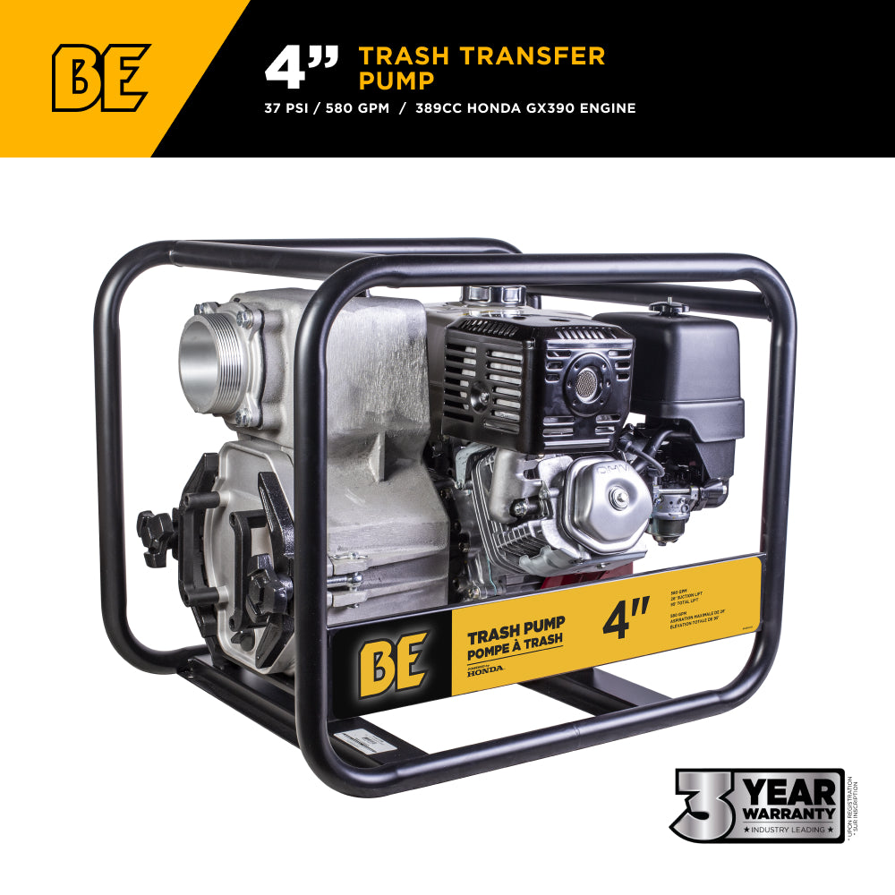 4" Full Trash Pump 580 GPM 37 PSI with Honda GX390 Engine