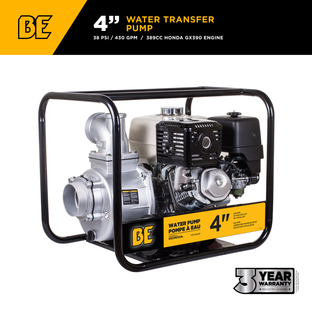 4" High Volume Water Transfer Pump 430 GPM 38 PSI with Honda GX390 Engine