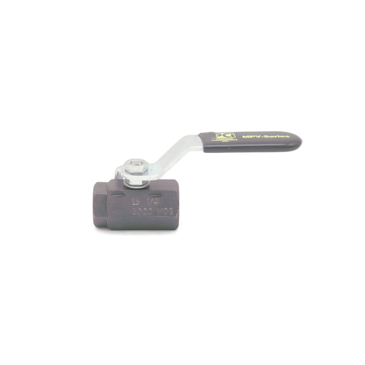 A 1/4 inch carbon steel ball valve for Drain Invader X machines, with a lever handle and branding visible on the side.