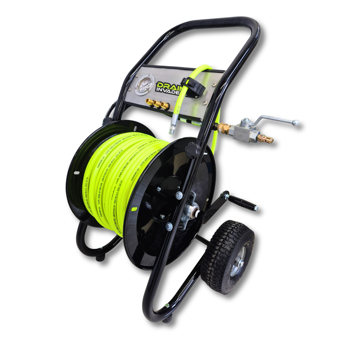 Drain Invader Portable Heavy Duty Deluxe Folly-Mounted Hose Reel with Jetting Hose
