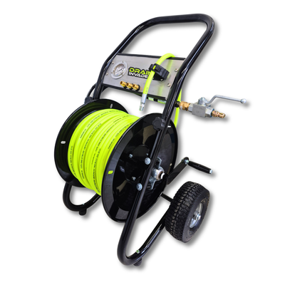 Drain Invader Portable Heavy Duty Deluxe Folly-Mounted Hose Reel with Jetting Hose