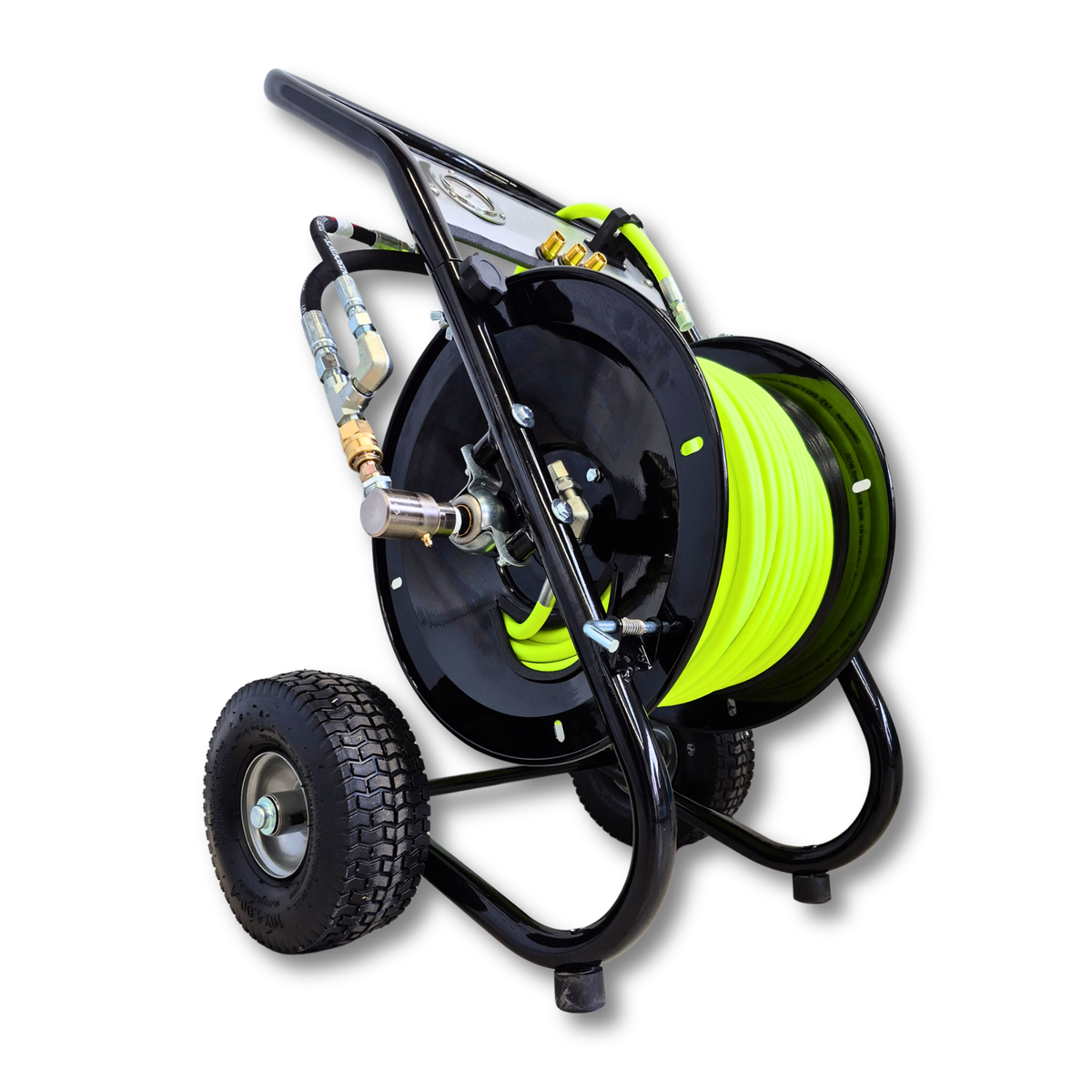 Portable Heavy Duty Deluxe Folly-Mounted Hose Reel with Neon Green Jetting Hose