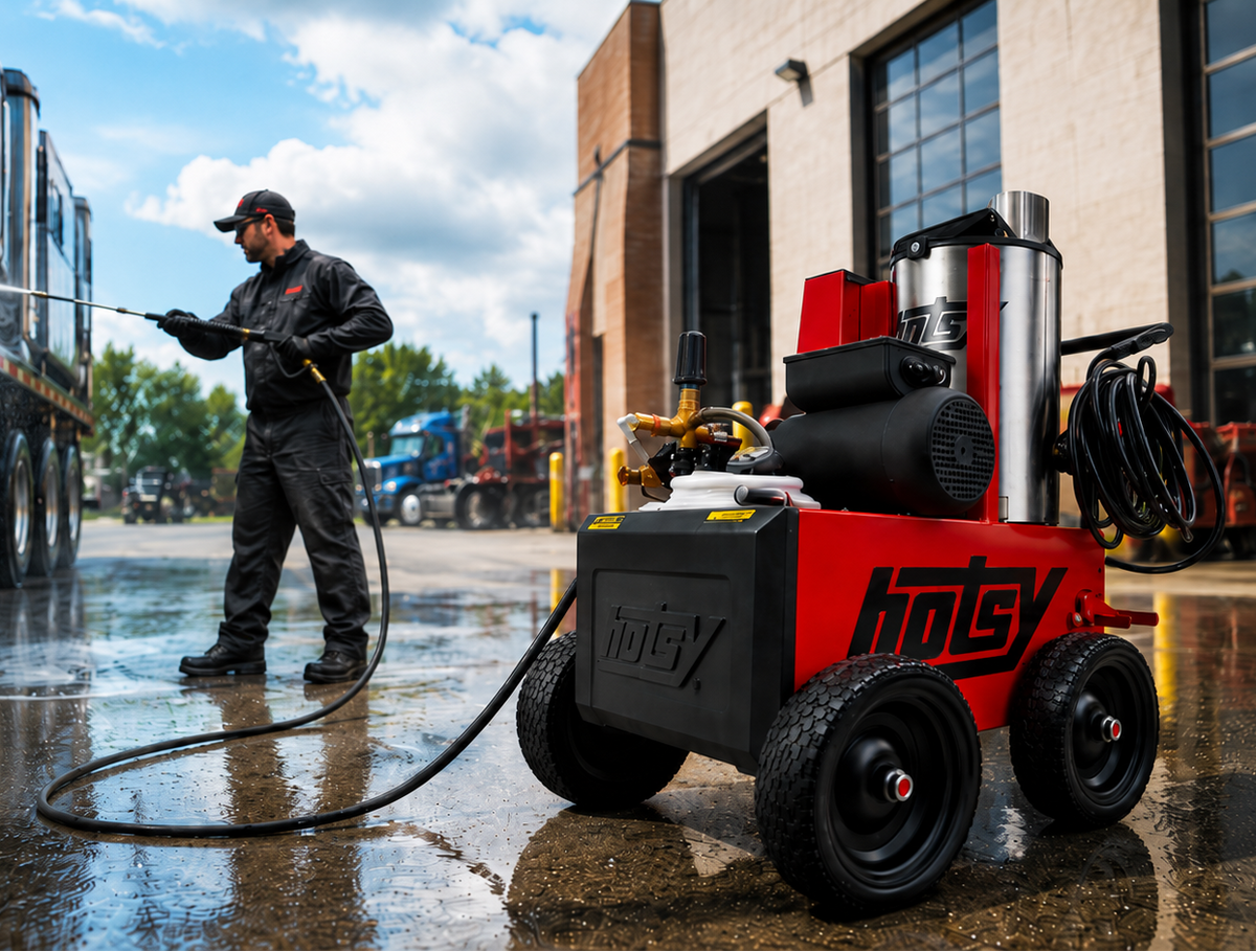 Person using a red and black Hotsy pressure washer outside a building with trucks in the background.