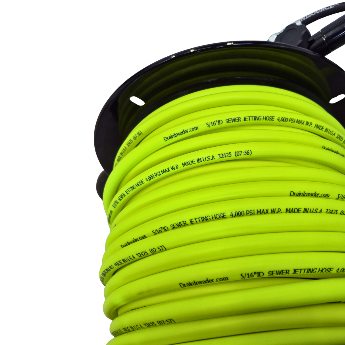 Neon Green Jetting Hose on Dolly Hose Reel