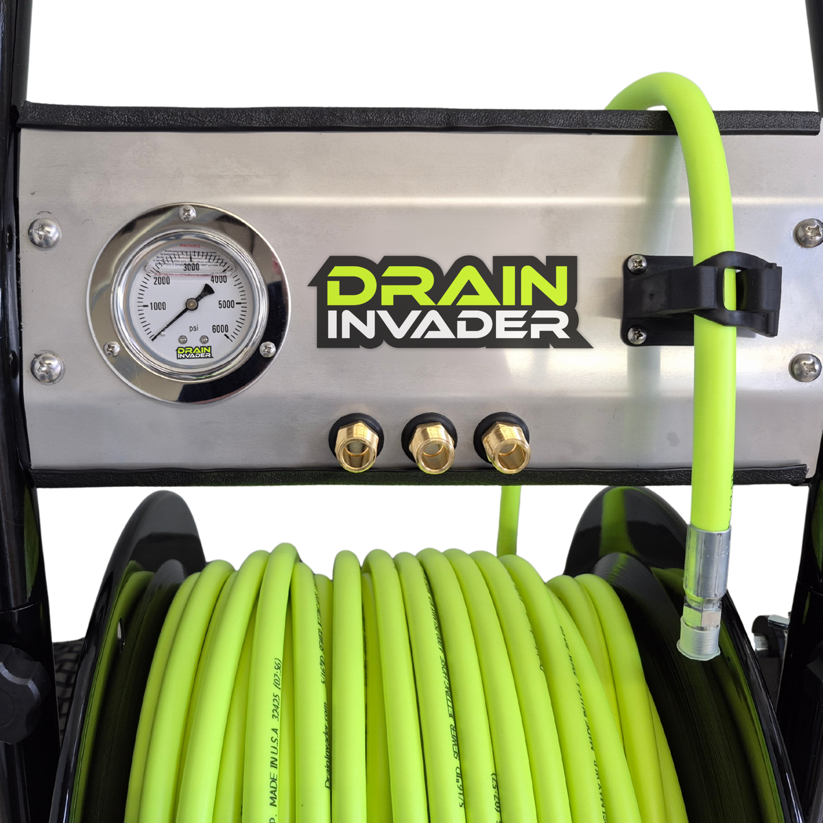 Nozzle Holder on Drain Invader Heavy Duty Deluxe Folly-Mounted Hose Reel with Neon Green Jetting Hose