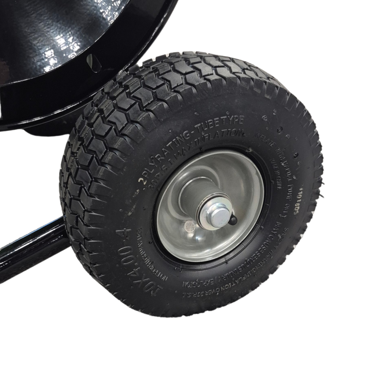 Tires on Drain Invader Heavy Duty Deluxe Folly-Mounted Hose Reel with Neon Green Jetting Hose