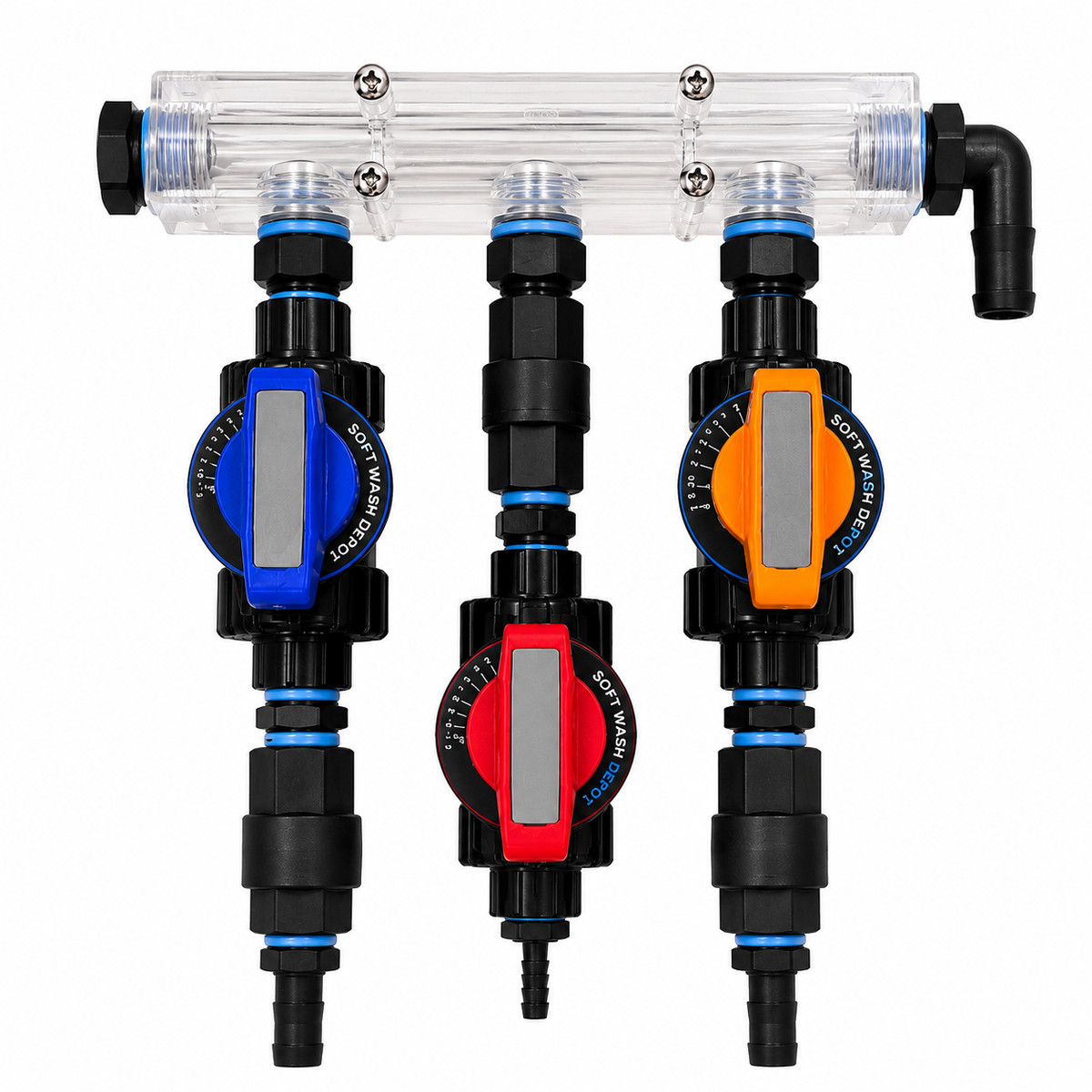 Clear Acrylic 3 & 4-Port Soft Wash Mixing Proportioner with Precision Flow Valves